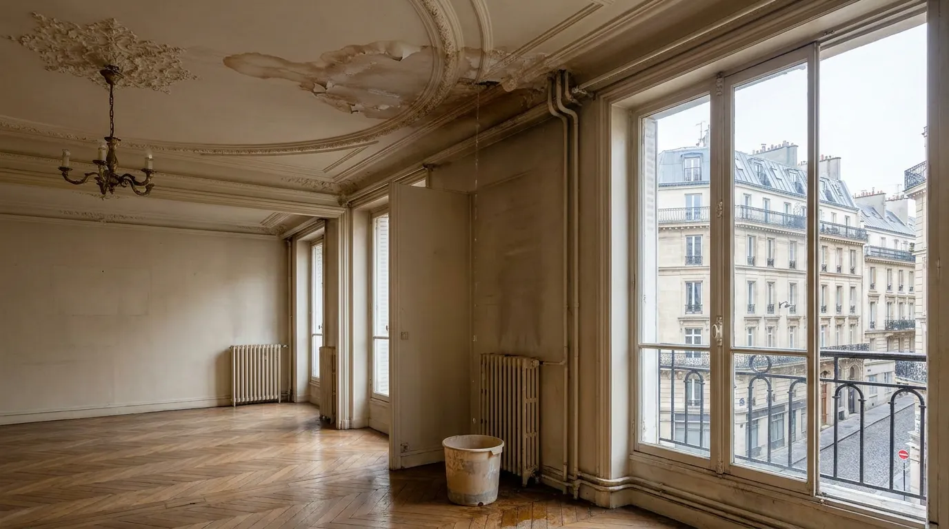 Auréole d'humidité sur un plafond mouluré d'appartement haussmannien à Paris 1er