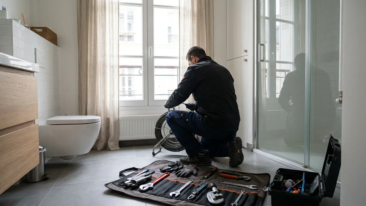 Débouchage d'un WC au furet dans la salle d'eau d'un appartement ancien de Paris 1er