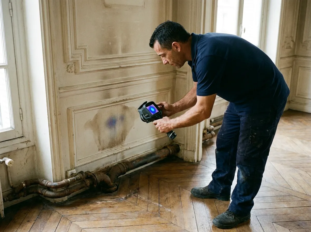 Plombier SOS recherchant une fuite à la caméra thermique dans un immeuble haussmannien de Paris 1er